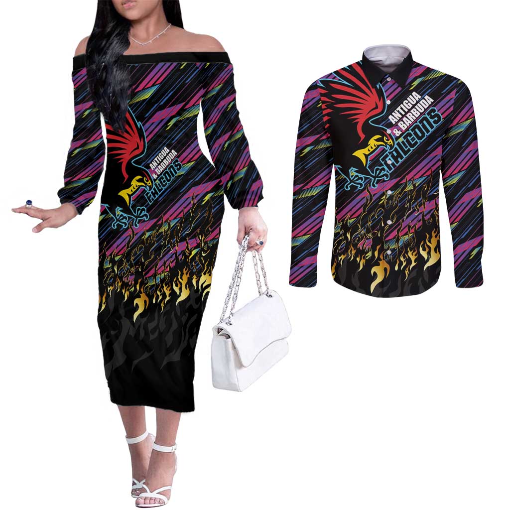 Custom Antigua & Barbuda Cricket Falcons Couples Matching Off The Shoulder Long Sleeve Dress and Long Sleeve Button Shirt Through The Fire - Wonder Print Shop