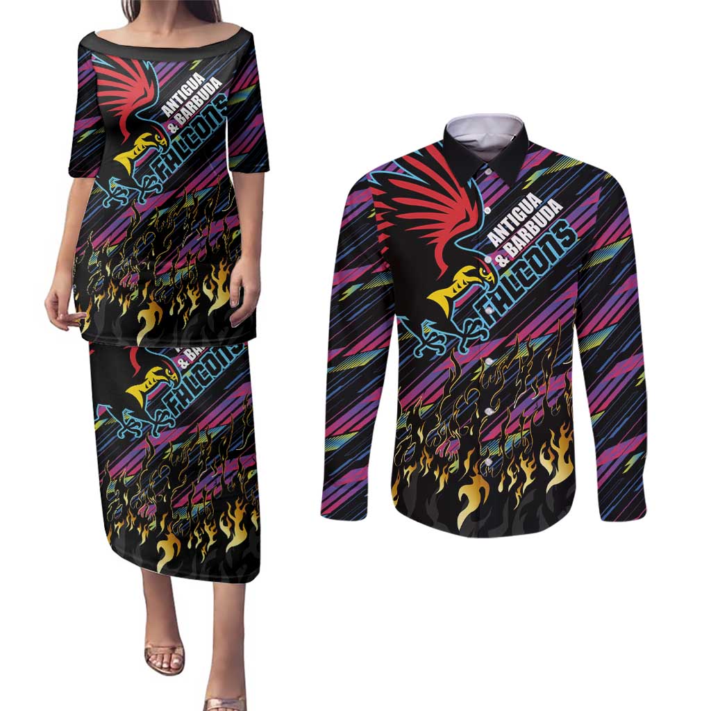 Custom Antigua & Barbuda Cricket Falcons Couples Matching Puletasi and Long Sleeve Button Shirt Through The Fire - Wonder Print Shop