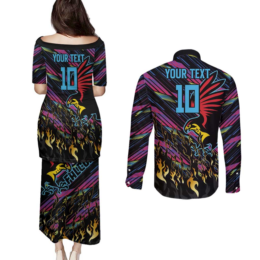 Custom Antigua & Barbuda Cricket Falcons Couples Matching Puletasi and Long Sleeve Button Shirt Through The Fire - Wonder Print Shop