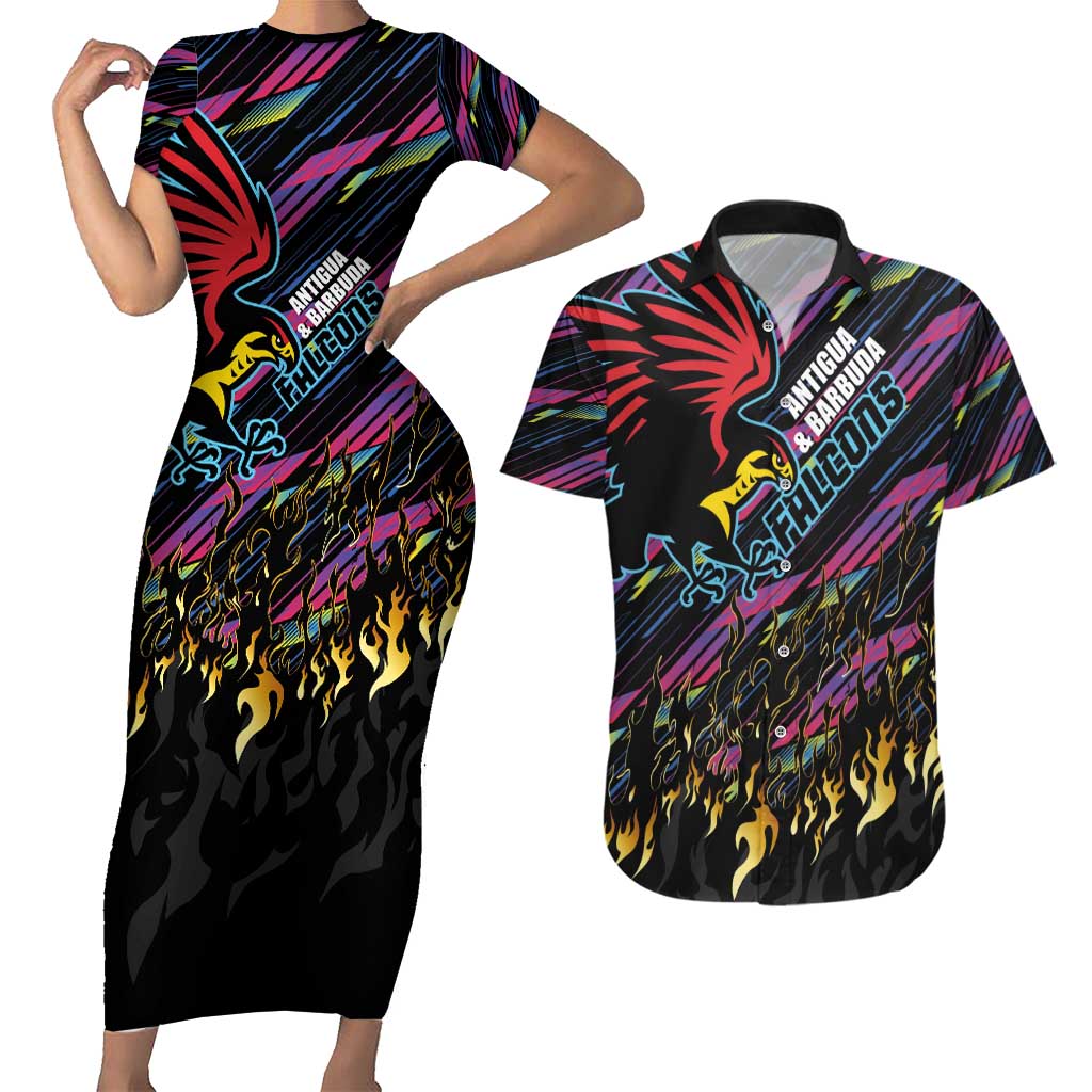 Custom Antigua & Barbuda Cricket Falcons Couples Matching Short Sleeve Bodycon Dress and Hawaiian Shirt Through The Fire - Wonder Print Shop