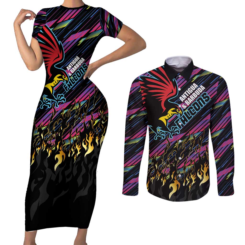 Custom Antigua & Barbuda Cricket Falcons Couples Matching Short Sleeve Bodycon Dress and Long Sleeve Button Shirt Through The Fire - Wonder Print Shop
