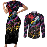 Custom Antigua & Barbuda Cricket Falcons Couples Matching Short Sleeve Bodycon Dress and Long Sleeve Button Shirt Through The Fire - Wonder Print Shop