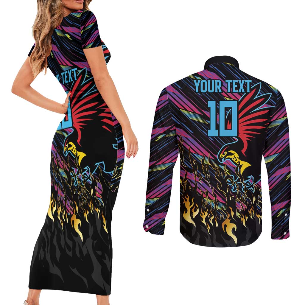 Custom Antigua & Barbuda Cricket Falcons Couples Matching Short Sleeve Bodycon Dress and Long Sleeve Button Shirt Through The Fire - Wonder Print Shop