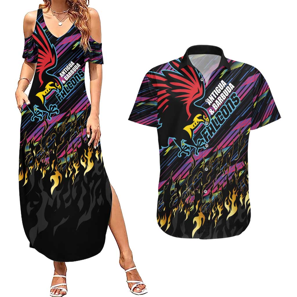 Custom Antigua & Barbuda Cricket Falcons Couples Matching Summer Maxi Dress and Hawaiian Shirt Through The Fire - Wonder Print Shop