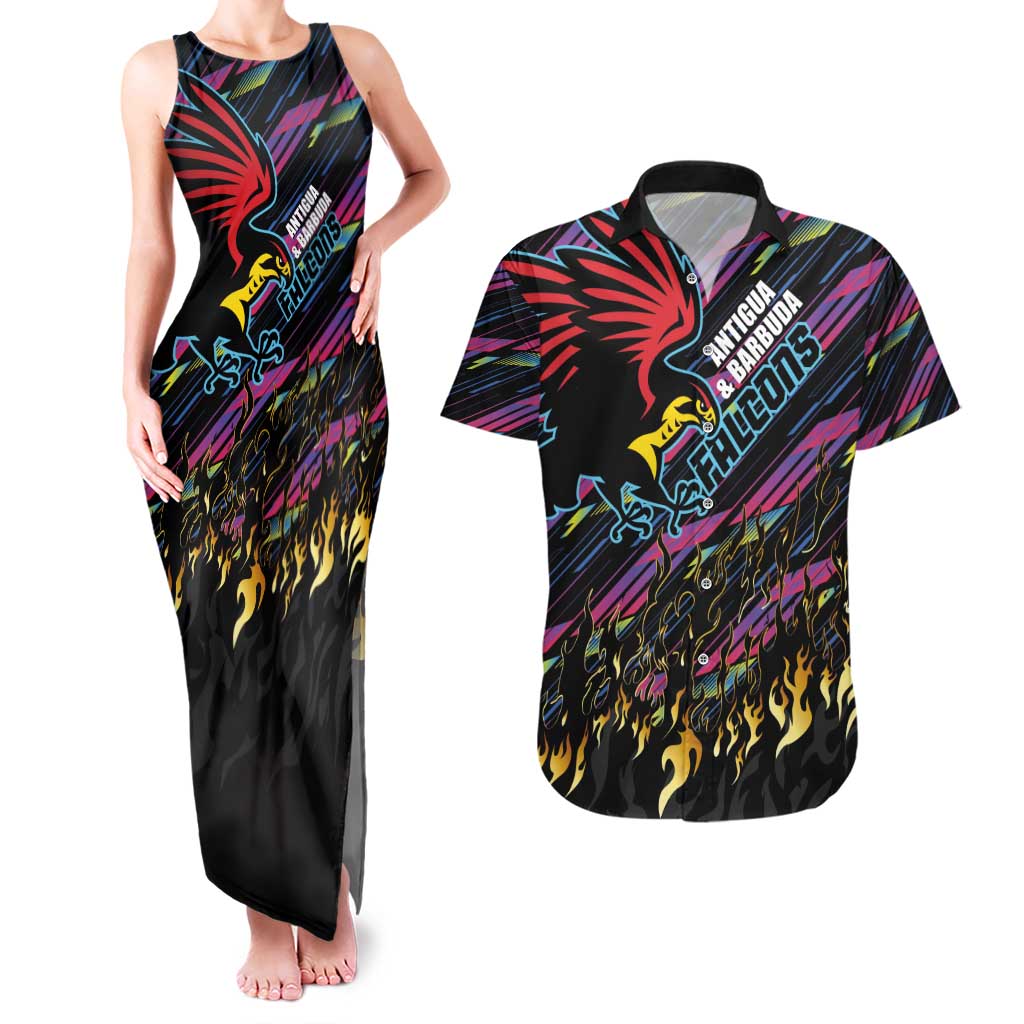 Custom Antigua & Barbuda Cricket Falcons Couples Matching Tank Maxi Dress and Hawaiian Shirt Through The Fire - Wonder Print Shop