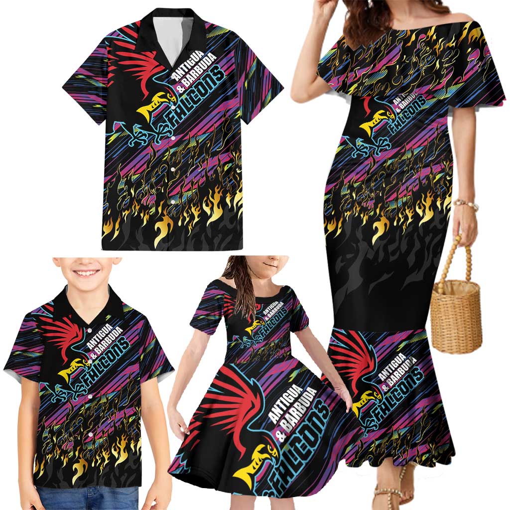 Custom Antigua & Barbuda Cricket Falcons Family Matching Mermaid Dress and Hawaiian Shirt Through The Fire - Wonder Print Shop