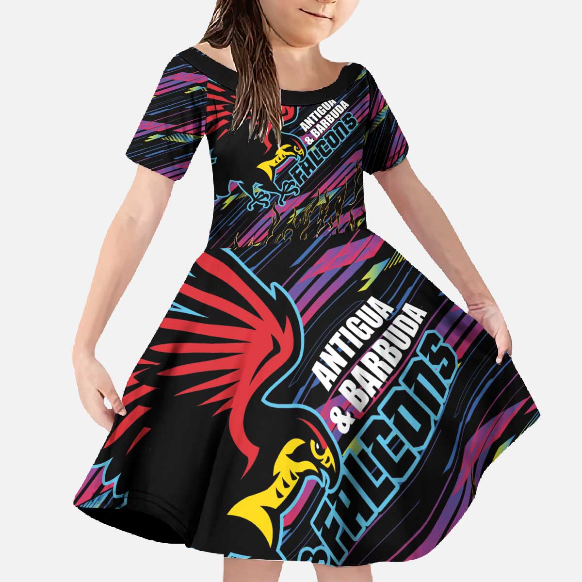 Custom Antigua & Barbuda Cricket Falcons Family Matching Off The Shoulder Long Sleeve Dress and Hawaiian Shirt Through The Fire - Wonder Print Shop