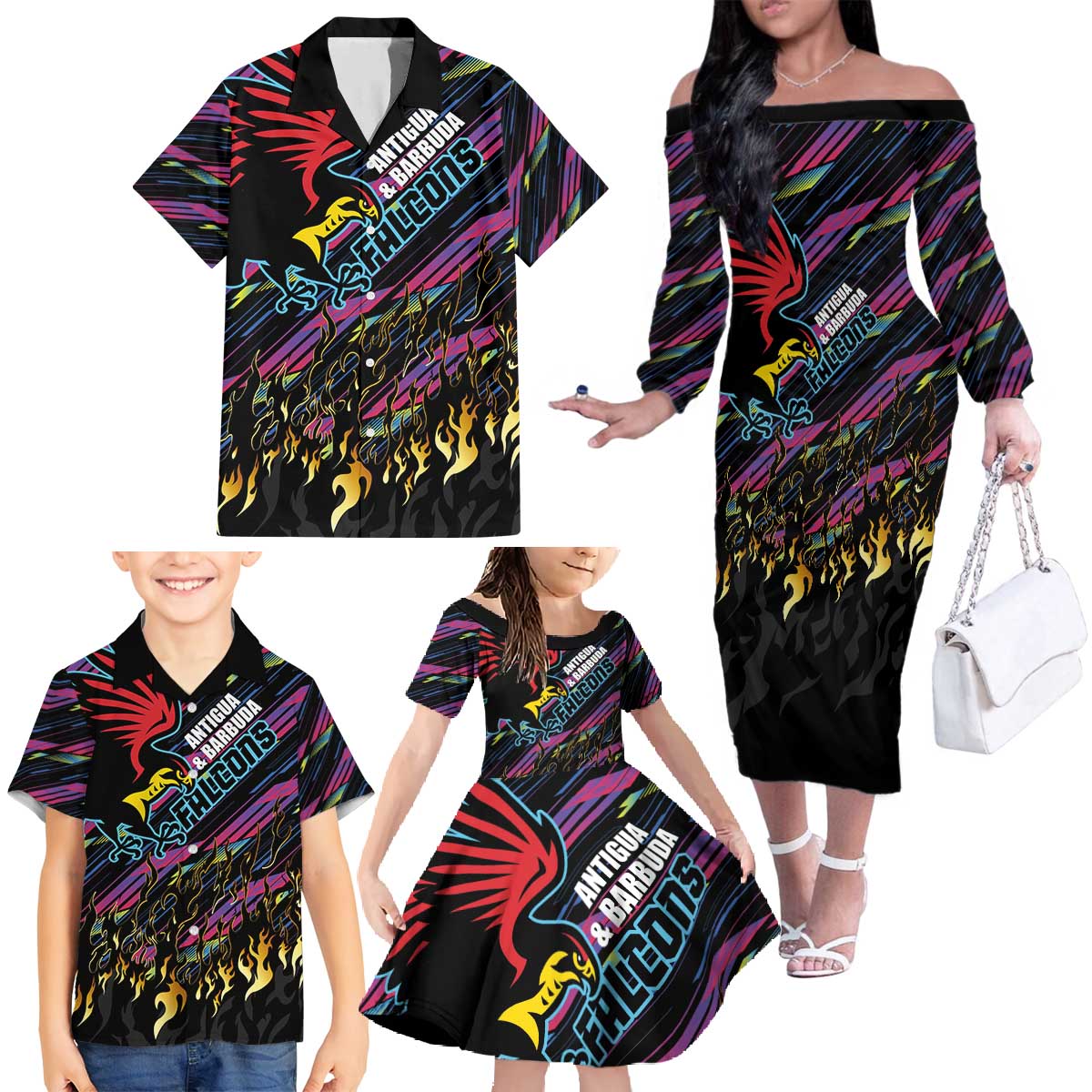 Custom Antigua & Barbuda Cricket Falcons Family Matching Off The Shoulder Long Sleeve Dress and Hawaiian Shirt Through The Fire - Wonder Print Shop