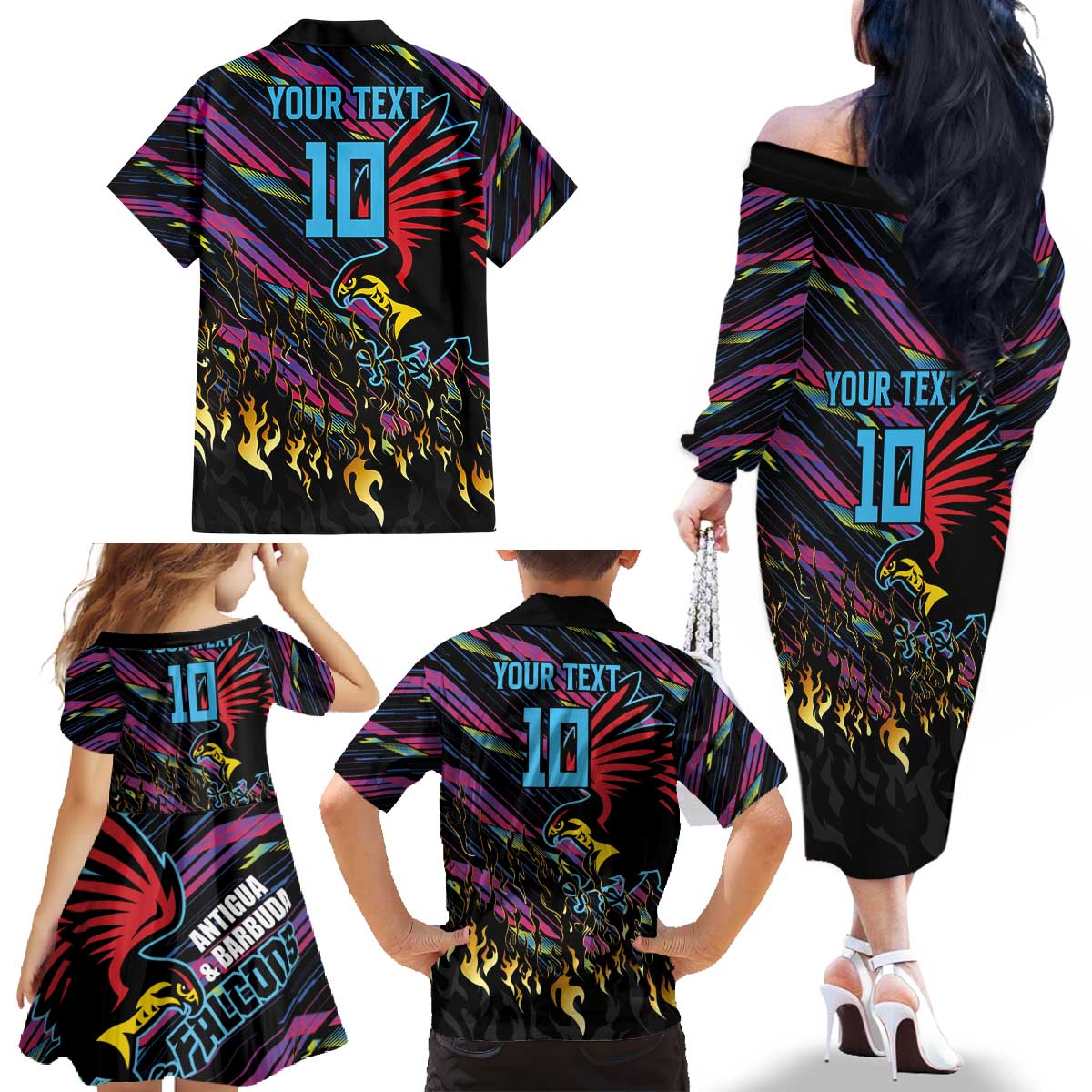 Custom Antigua & Barbuda Cricket Falcons Family Matching Off The Shoulder Long Sleeve Dress and Hawaiian Shirt Through The Fire - Wonder Print Shop
