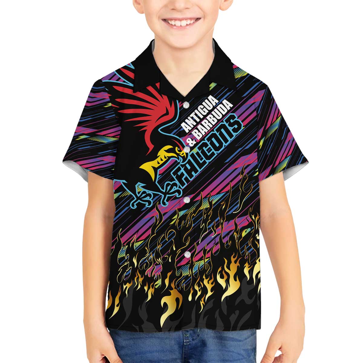 Custom Antigua & Barbuda Cricket Falcons Family Matching Off The Shoulder Long Sleeve Dress and Hawaiian Shirt Through The Fire - Wonder Print Shop