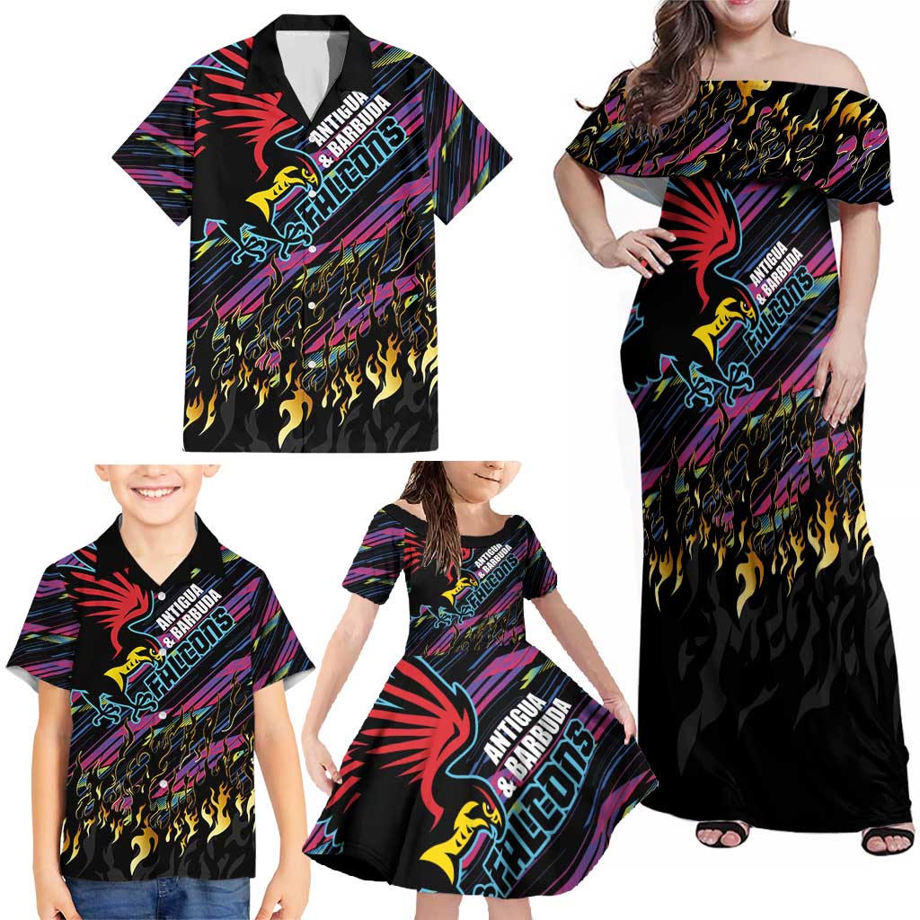 Custom Antigua & Barbuda Cricket Falcons Family Matching Off Shoulder Maxi Dress and Hawaiian Shirt Through The Fire - Wonder Print Shop