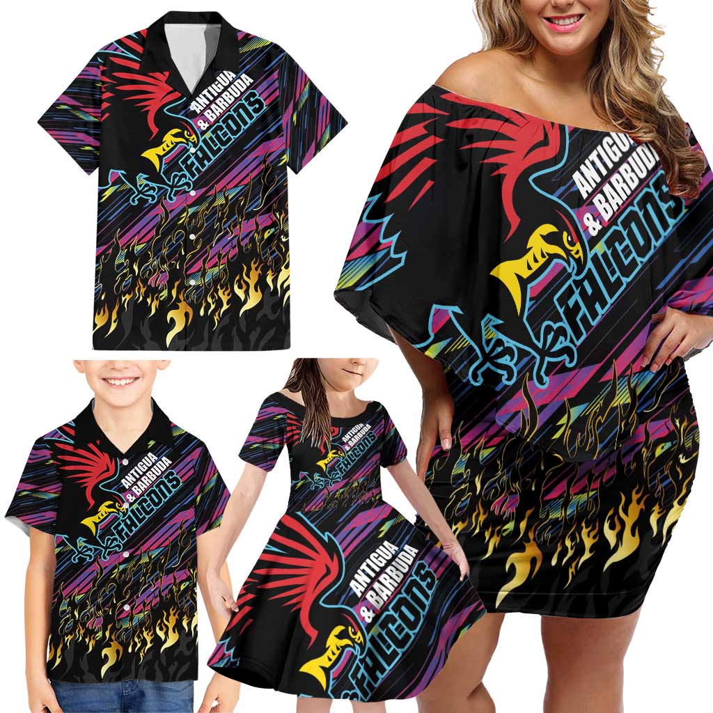 Custom Antigua & Barbuda Cricket Falcons Family Matching Off Shoulder Short Dress and Hawaiian Shirt Through The Fire - Wonder Print Shop