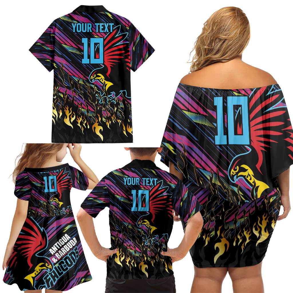 Custom Antigua & Barbuda Cricket Falcons Family Matching Off Shoulder Short Dress and Hawaiian Shirt Through The Fire - Wonder Print Shop