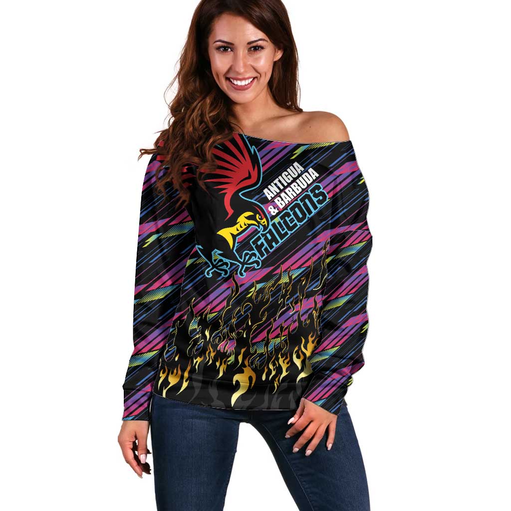 Custom Antigua & Barbuda Cricket Falcons Off Shoulder Sweater Through The Fire - Wonder Print Shop