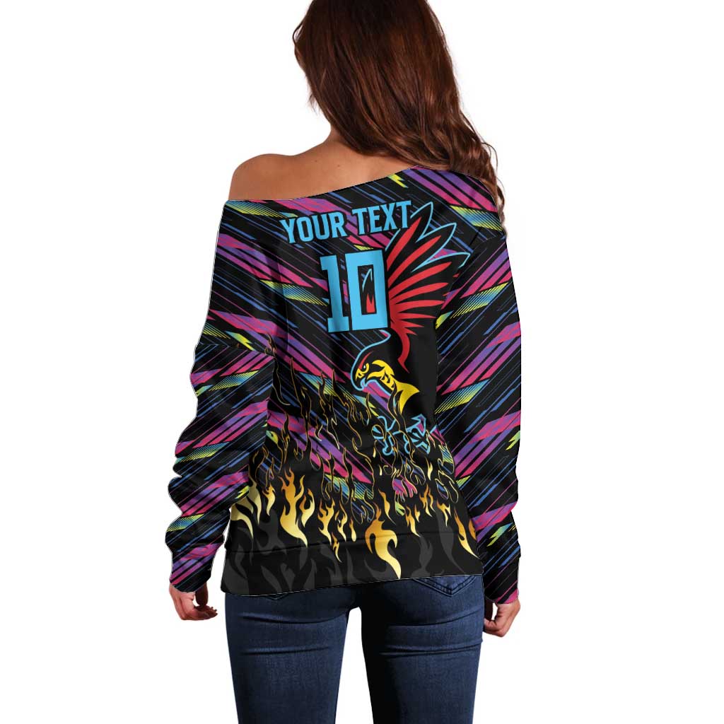 Custom Antigua & Barbuda Cricket Falcons Off Shoulder Sweater Through The Fire - Wonder Print Shop