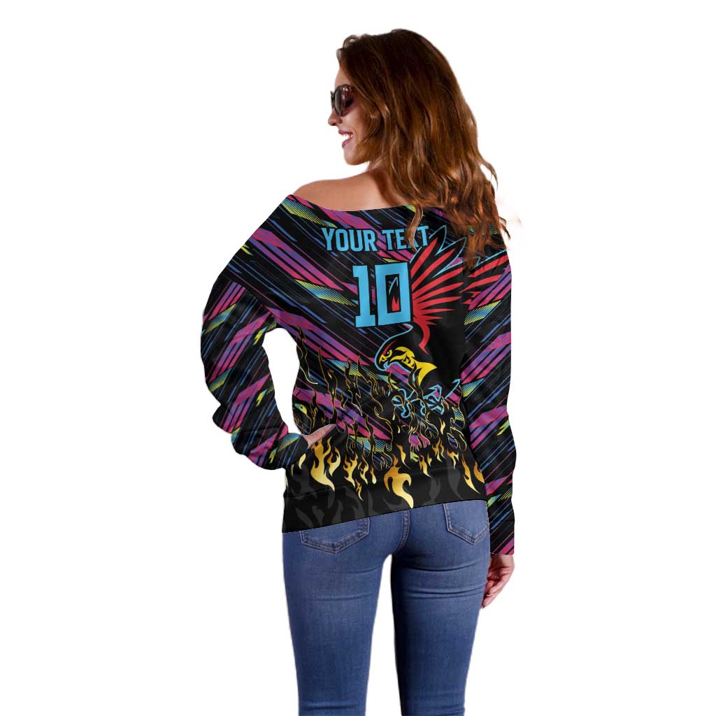 Custom Antigua & Barbuda Cricket Falcons Off Shoulder Sweater Through The Fire - Wonder Print Shop