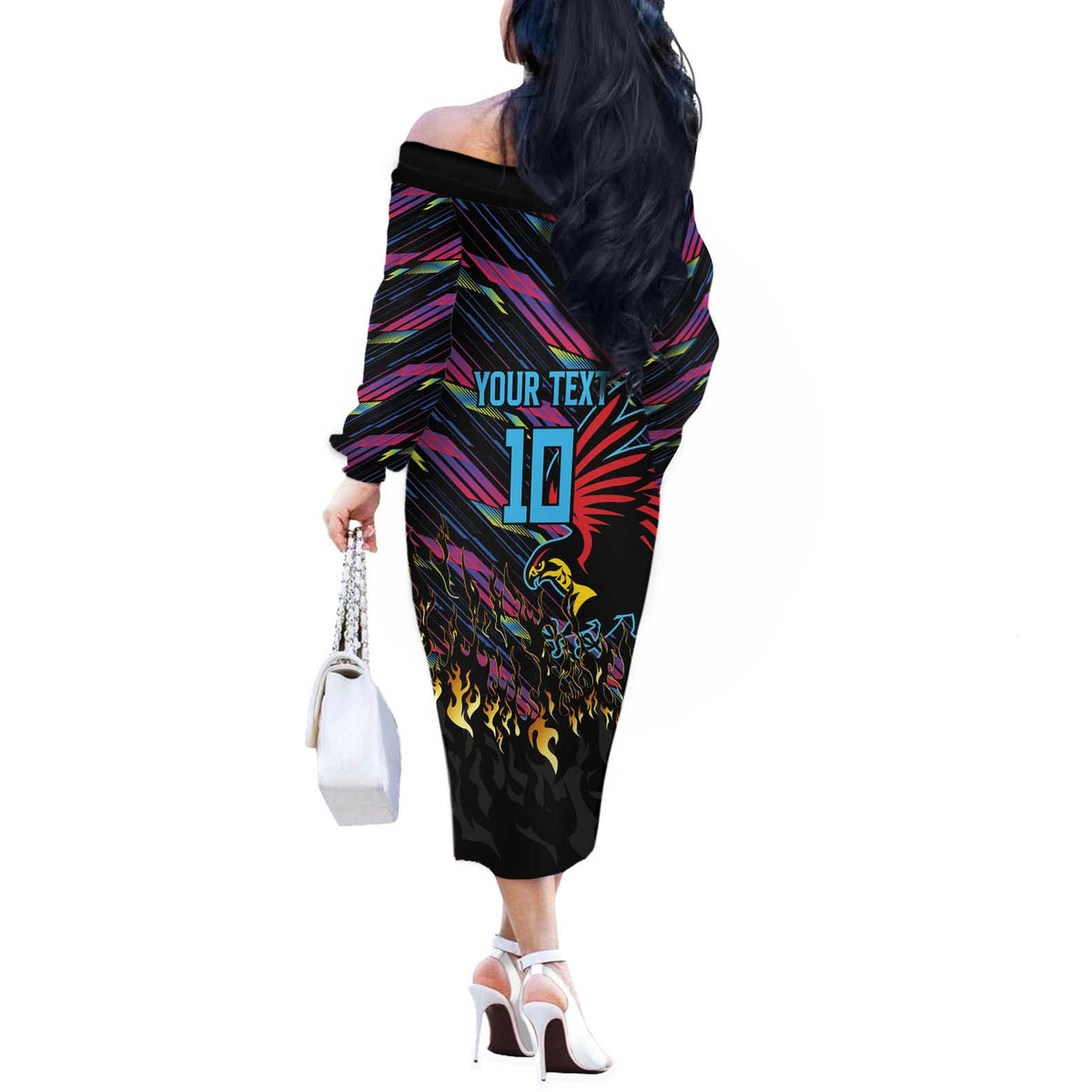 Custom Antigua & Barbuda Cricket Falcons Off The Shoulder Long Sleeve Dress Through The Fire - Wonder Print Shop