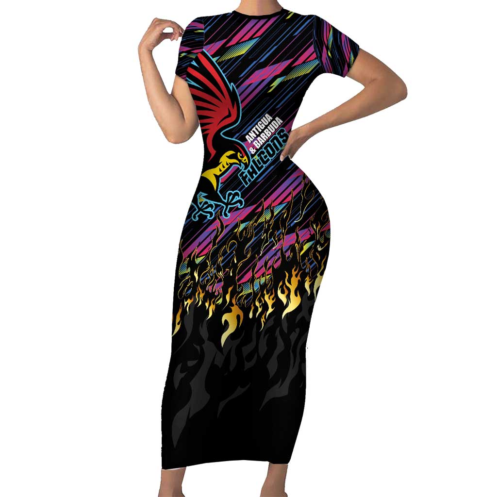 Custom Antigua & Barbuda Cricket Falcons Short Sleeve Bodycon Dress Through The Fire - Wonder Print Shop