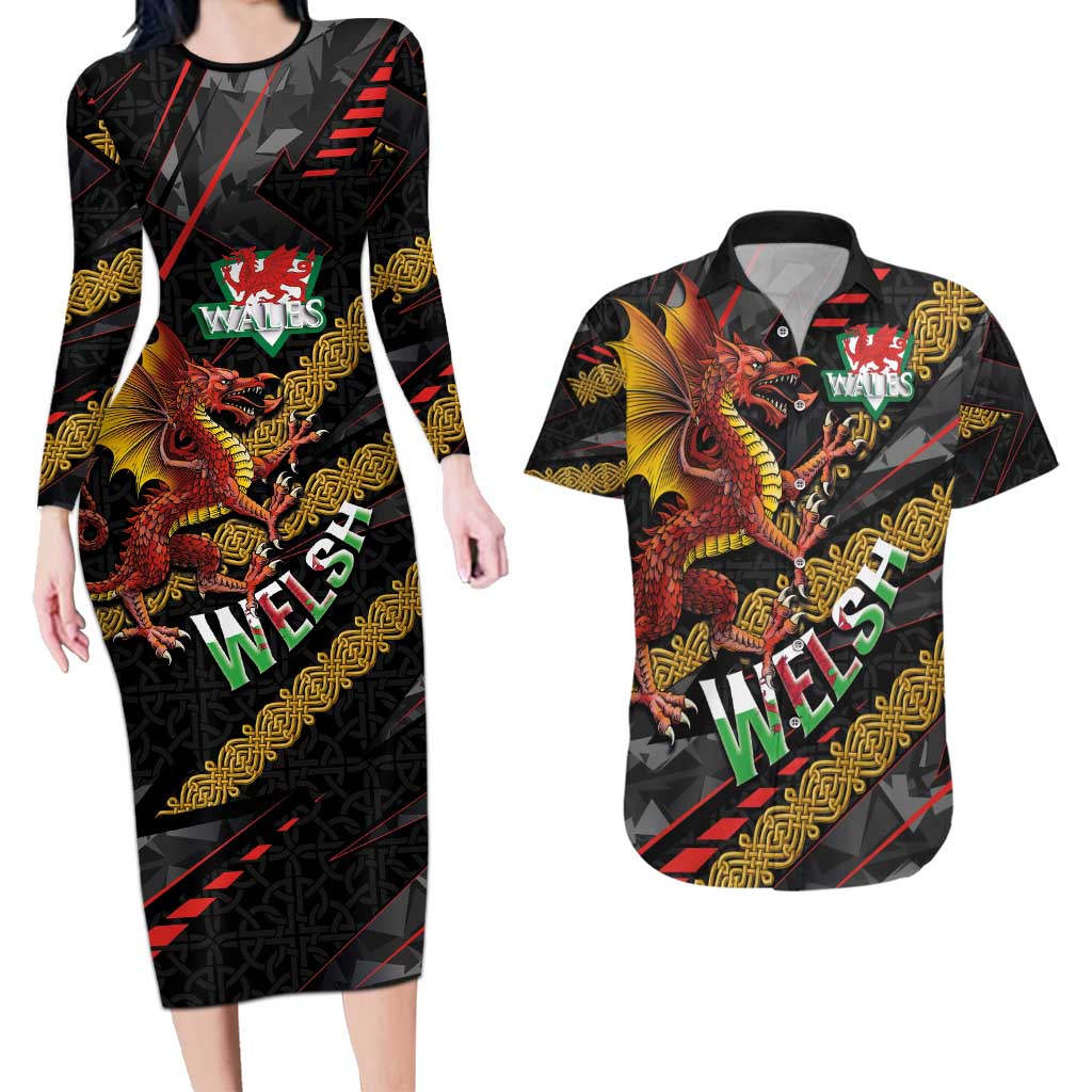 Welsh Celtic Couples Matching Long Sleeve Bodycon Dress and Hawaiian Shirt Wales Y Ddraig Goch with Celtic Knot Sporty - Wonder Print Shop