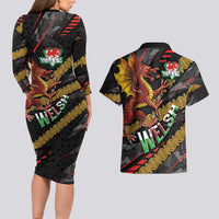Welsh Celtic Couples Matching Long Sleeve Bodycon Dress and Hawaiian Shirt Wales Y Ddraig Goch with Celtic Knot Sporty - Wonder Print Shop