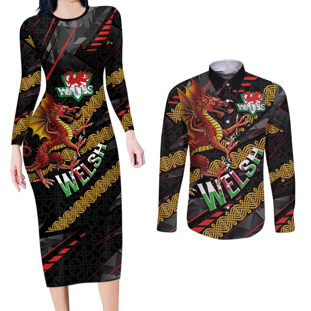 Welsh Celtic Couples Matching Long Sleeve Bodycon Dress and Long Sleeve Button Shirt Wales Y Ddraig Goch with Celtic Knot Sporty - Wonder Print Shop