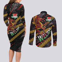 Welsh Celtic Couples Matching Long Sleeve Bodycon Dress and Long Sleeve Button Shirt Wales Y Ddraig Goch with Celtic Knot Sporty - Wonder Print Shop