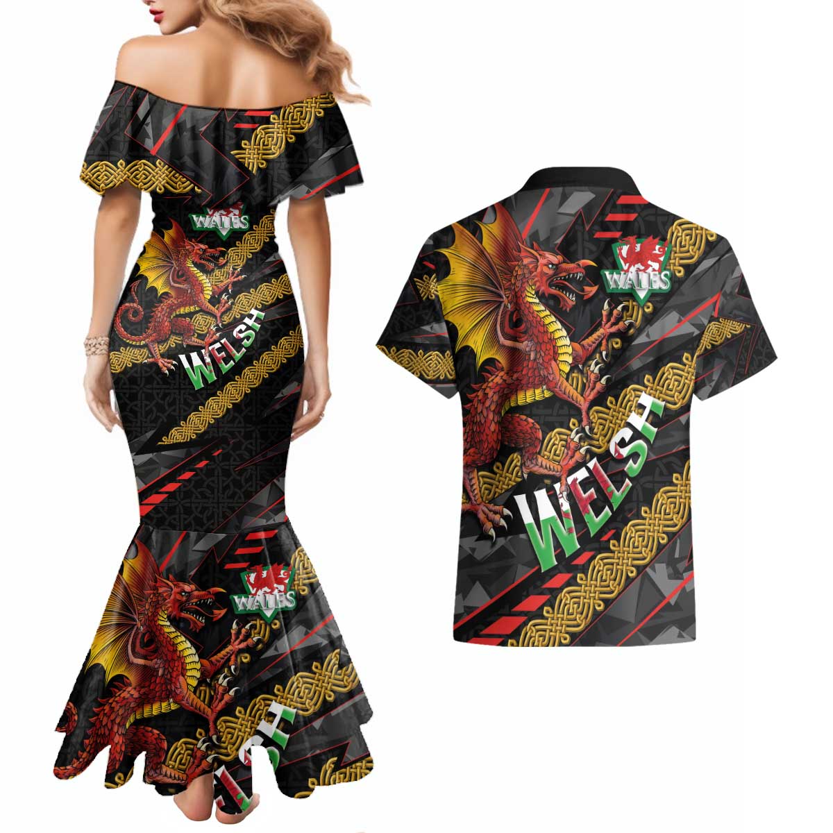 Welsh Celtic Couples Matching Mermaid Dress and Hawaiian Shirt Wales Y Ddraig Goch with Celtic Knot Sporty - Wonder Print Shop