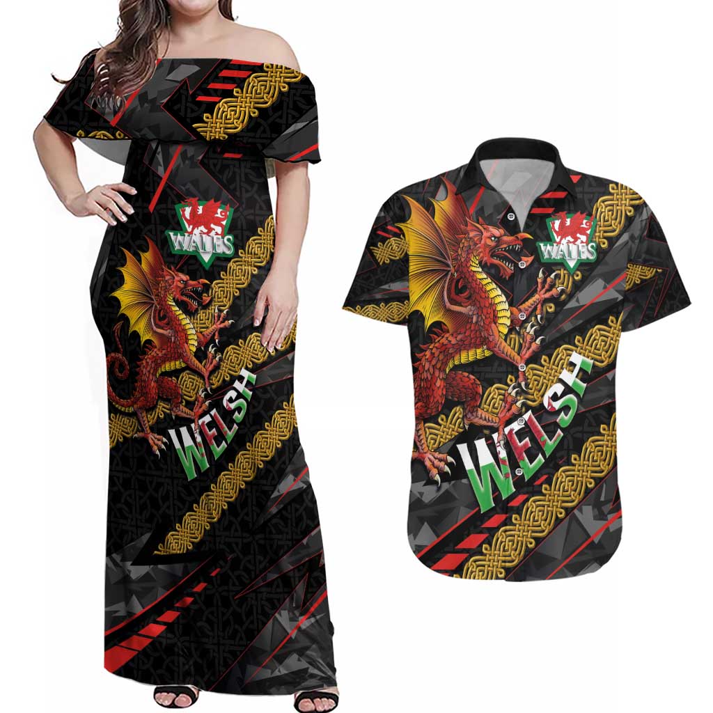 Welsh Celtic Couples Matching Off Shoulder Maxi Dress and Hawaiian Shirt Wales Y Ddraig Goch with Celtic Knot Sporty - Wonder Print Shop
