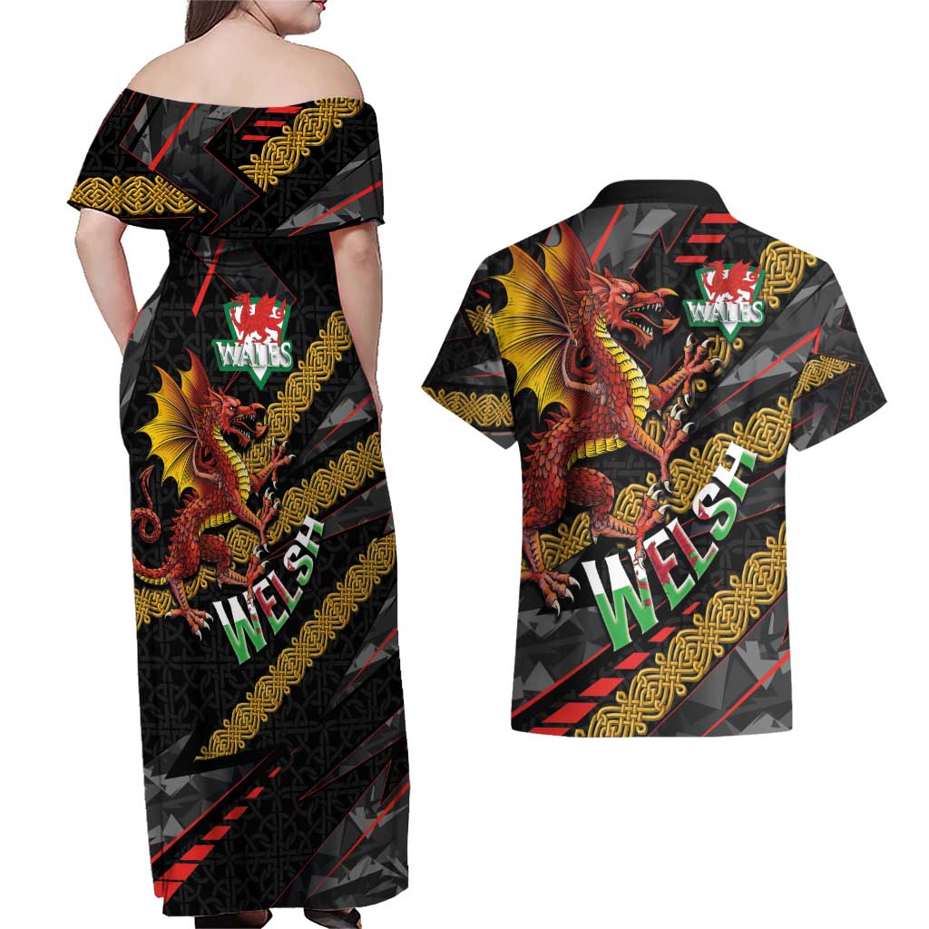 Welsh Celtic Couples Matching Off Shoulder Maxi Dress and Hawaiian Shirt Wales Y Ddraig Goch with Celtic Knot Sporty - Wonder Print Shop