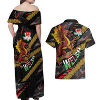 Welsh Celtic Couples Matching Off Shoulder Maxi Dress and Hawaiian Shirt Wales Y Ddraig Goch with Celtic Knot Sporty - Wonder Print Shop