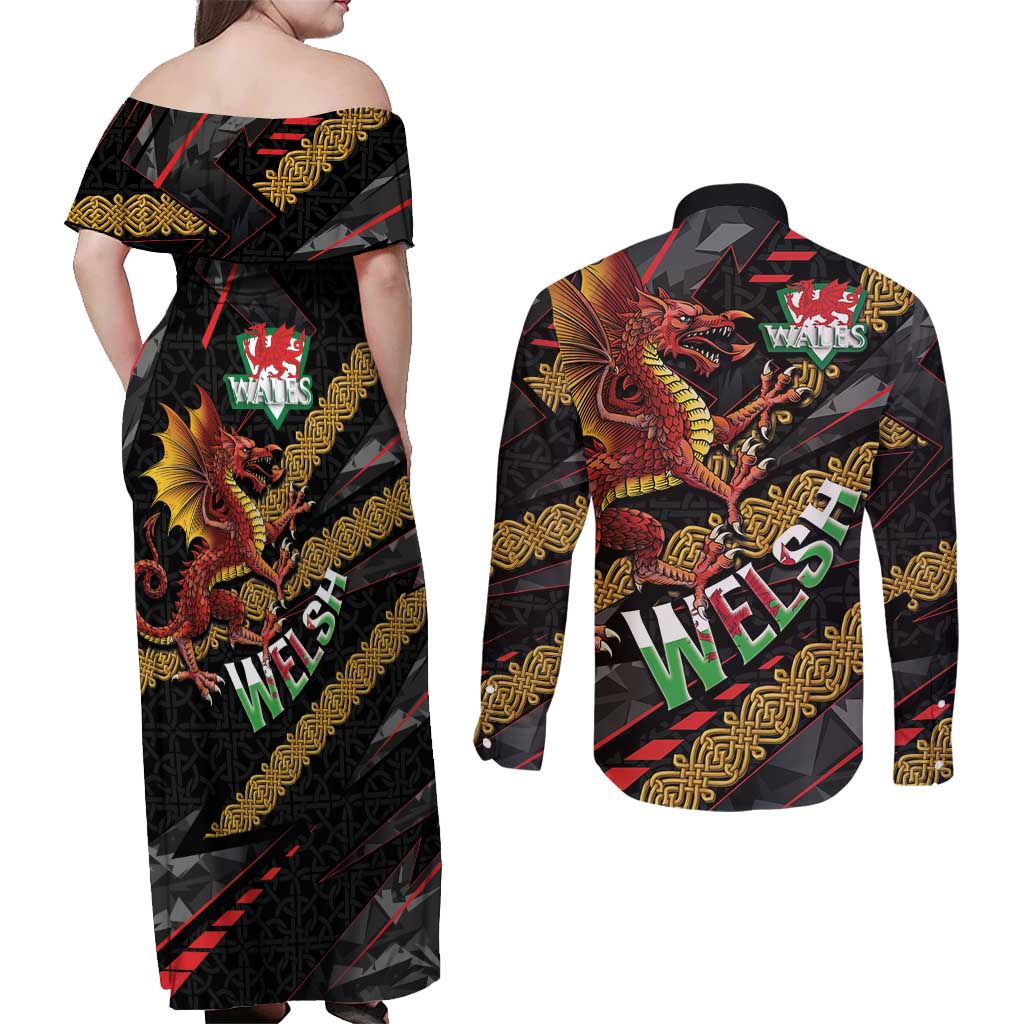 Welsh Celtic Couples Matching Off Shoulder Maxi Dress and Long Sleeve Button Shirt Wales Y Ddraig Goch with Celtic Knot Sporty - Wonder Print Shop