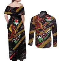 Welsh Celtic Couples Matching Off Shoulder Maxi Dress and Long Sleeve Button Shirt Wales Y Ddraig Goch with Celtic Knot Sporty - Wonder Print Shop