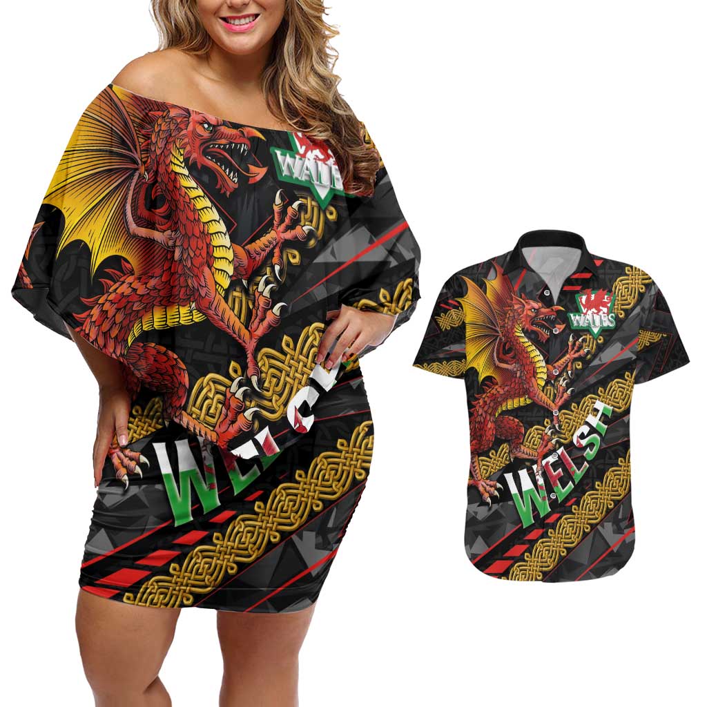 Welsh Celtic Couples Matching Off Shoulder Short Dress and Hawaiian Shirt Wales Y Ddraig Goch with Celtic Knot Sporty - Wonder Print Shop