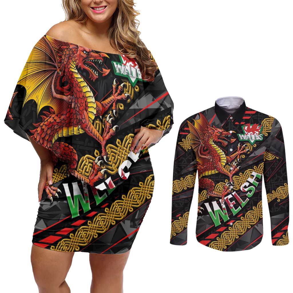 Welsh Celtic Couples Matching Off Shoulder Short Dress and Long Sleeve Button Shirt Wales Y Ddraig Goch with Celtic Knot Sporty - Wonder Print Shop