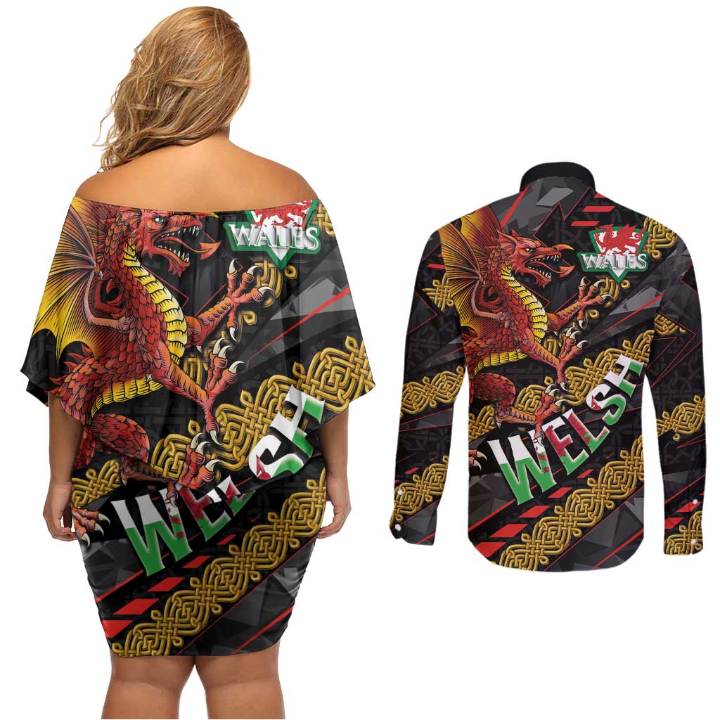 Welsh Celtic Couples Matching Off Shoulder Short Dress and Long Sleeve Button Shirt Wales Y Ddraig Goch with Celtic Knot Sporty - Wonder Print Shop