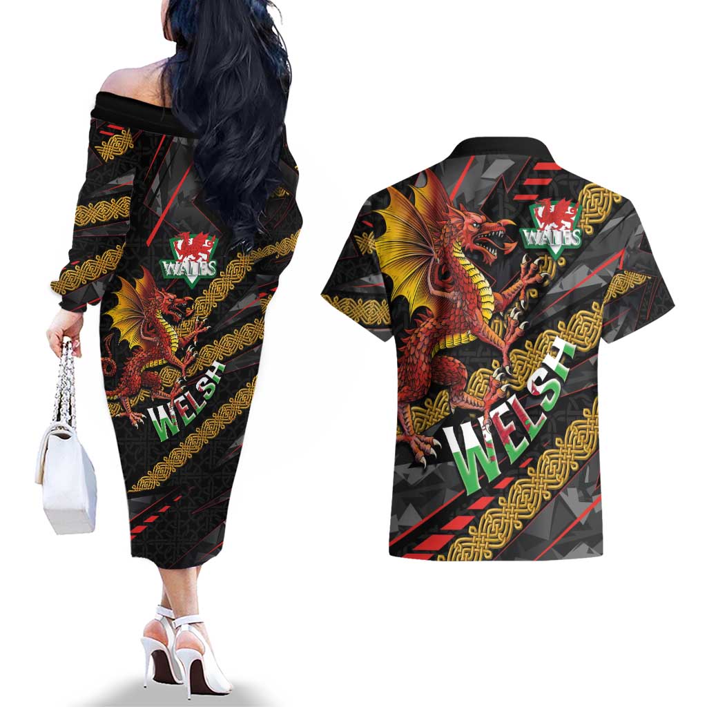 Welsh Celtic Couples Matching Off The Shoulder Long Sleeve Dress and Hawaiian Shirt Wales Y Ddraig Goch with Celtic Knot Sporty - Wonder Print Shop
