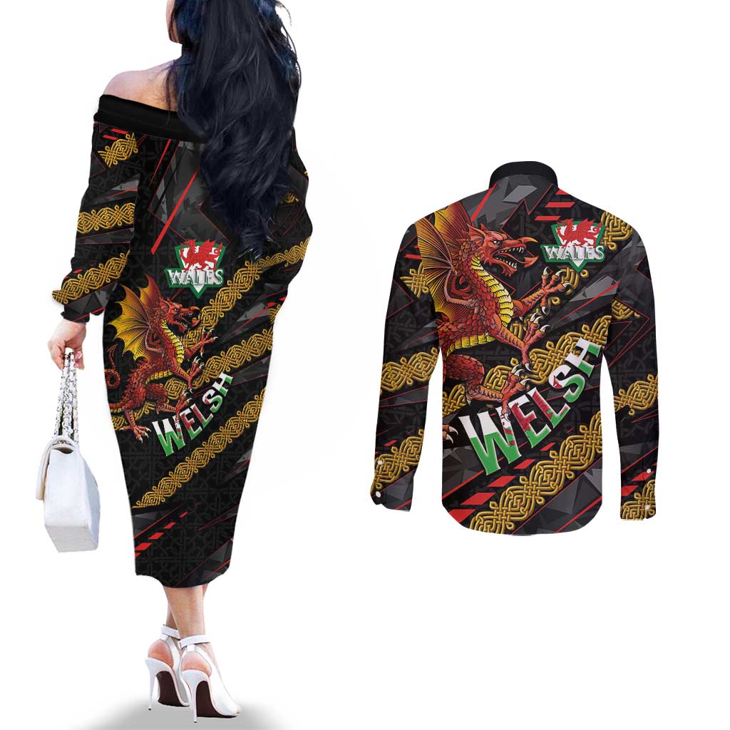 Welsh Celtic Couples Matching Off The Shoulder Long Sleeve Dress and Long Sleeve Button Shirt Wales Y Ddraig Goch with Celtic Knot Sporty - Wonder Print Shop