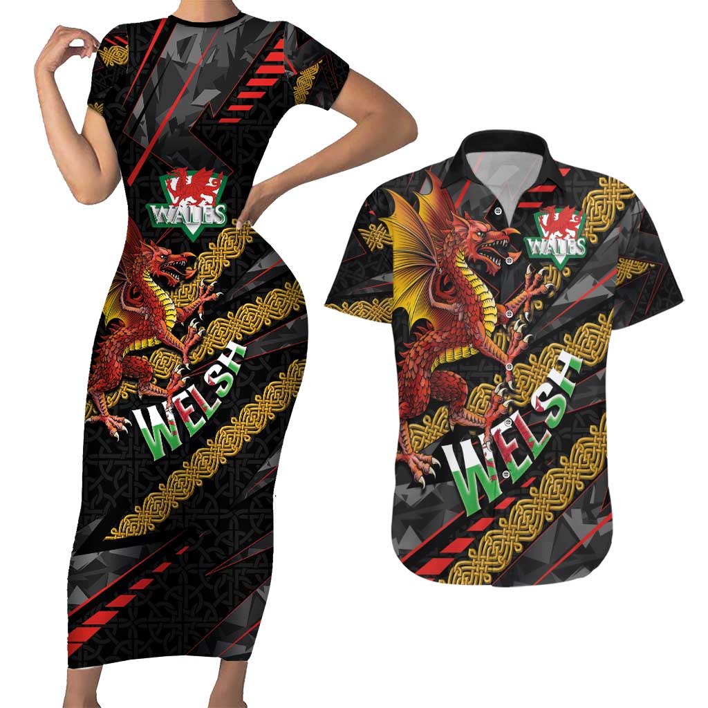Welsh Celtic Couples Matching Short Sleeve Bodycon Dress and Hawaiian Shirt Wales Y Ddraig Goch with Celtic Knot Sporty - Wonder Print Shop