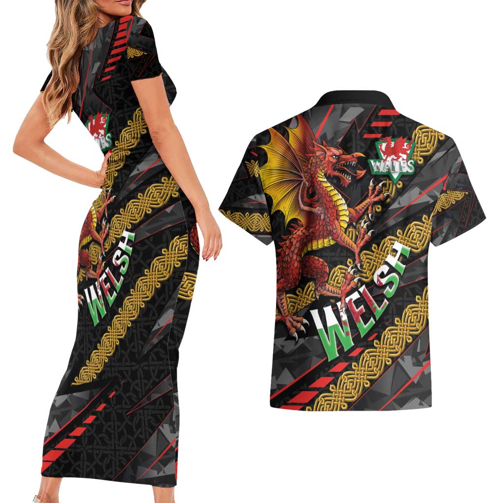Welsh Celtic Couples Matching Short Sleeve Bodycon Dress and Hawaiian Shirt Wales Y Ddraig Goch with Celtic Knot Sporty - Wonder Print Shop