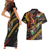 Welsh Celtic Couples Matching Short Sleeve Bodycon Dress and Hawaiian Shirt Wales Y Ddraig Goch with Celtic Knot Sporty - Wonder Print Shop