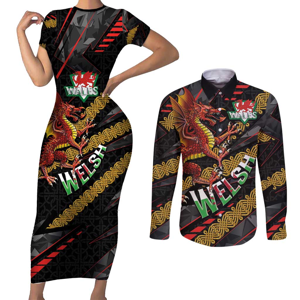 Welsh Celtic Couples Matching Short Sleeve Bodycon Dress and Long Sleeve Button Shirt Wales Y Ddraig Goch with Celtic Knot Sporty - Wonder Print Shop