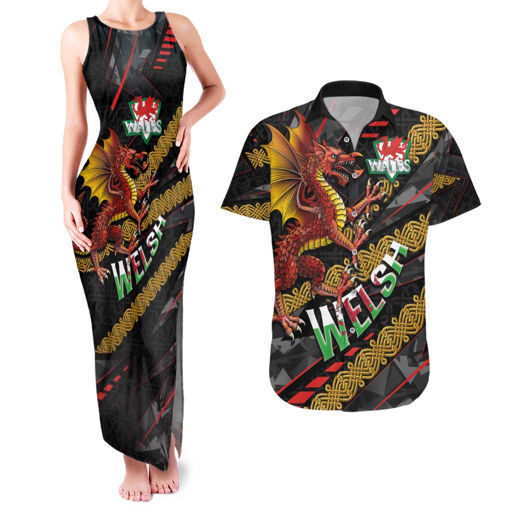 Welsh Celtic Couples Matching Tank Maxi Dress and Hawaiian Shirt Wales Y Ddraig Goch with Celtic Knot Sporty - Wonder Print Shop