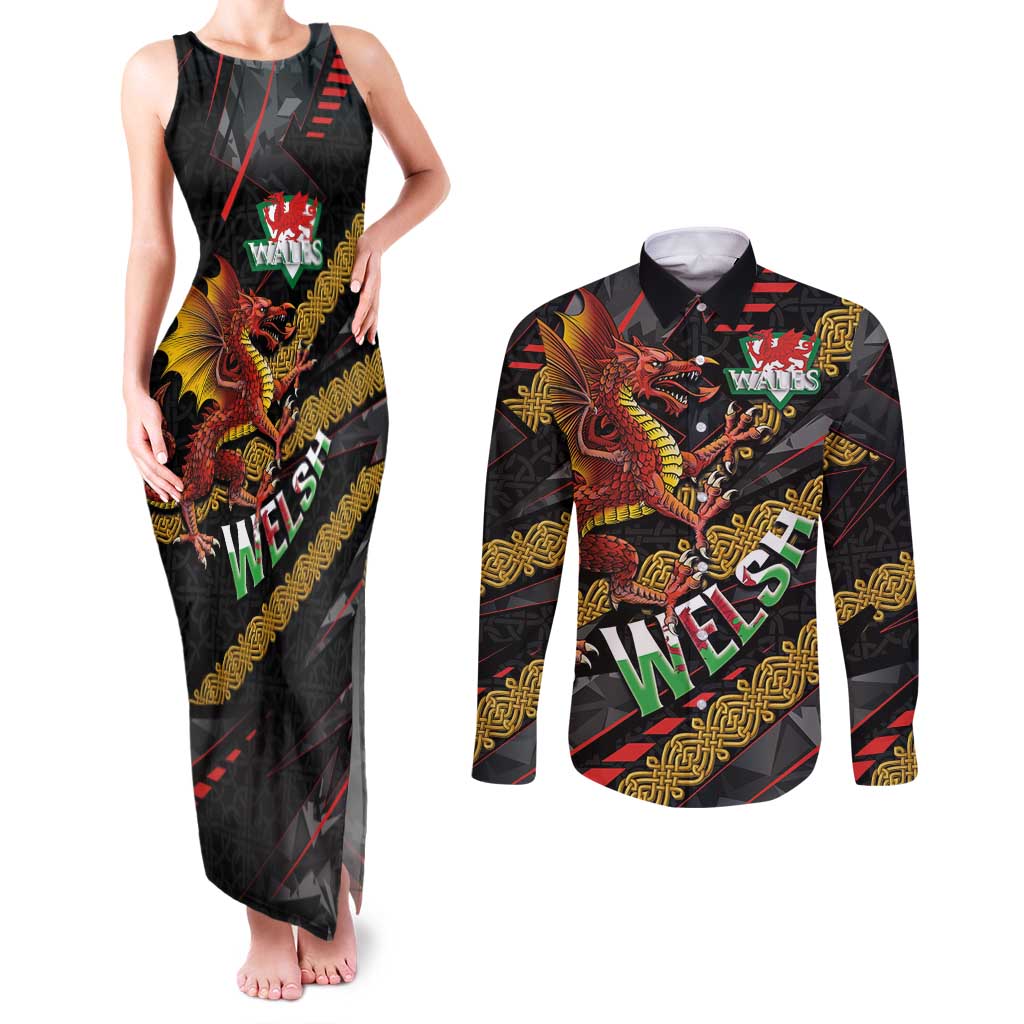 Welsh Celtic Couples Matching Tank Maxi Dress and Long Sleeve Button Shirt Wales Y Ddraig Goch with Celtic Knot Sporty - Wonder Print Shop