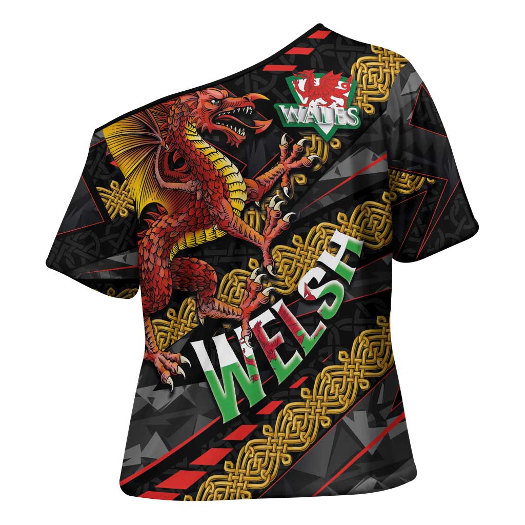 Welsh Celtic Cross Shoulder Shirt Wales Y Ddraig Goch with Celtic Knot Sporty - Wonder Print Shop