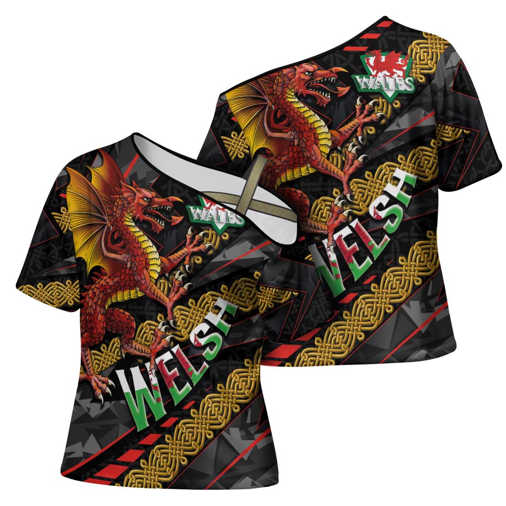 Welsh Celtic Cross Shoulder Shirt Wales Y Ddraig Goch with Celtic Knot Sporty - Wonder Print Shop
