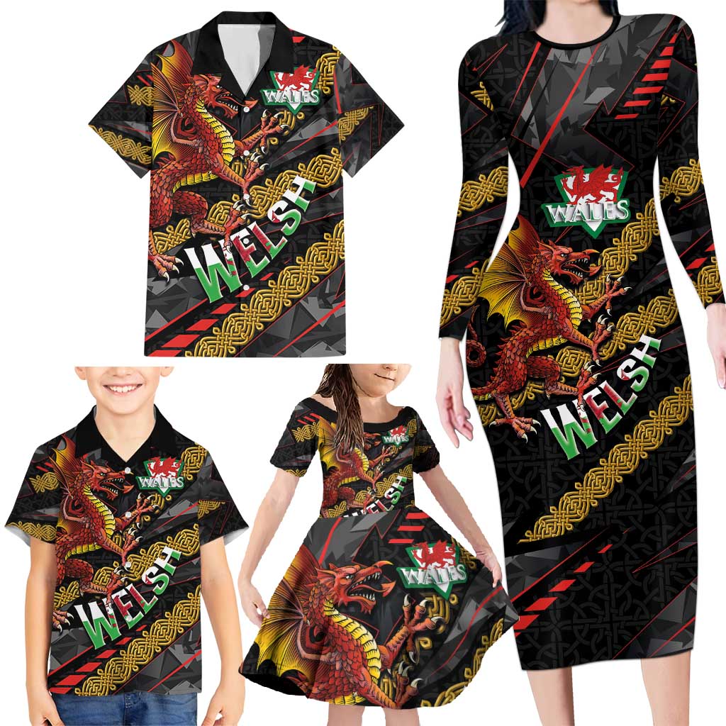 Welsh Celtic Family Matching Long Sleeve Bodycon Dress and Hawaiian Shirt Wales Y Ddraig Goch with Celtic Knot Sporty - Wonder Print Shop