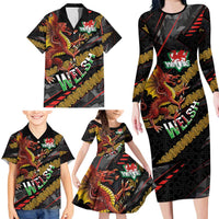 Welsh Celtic Family Matching Long Sleeve Bodycon Dress and Hawaiian Shirt Wales Y Ddraig Goch with Celtic Knot Sporty - Wonder Print Shop