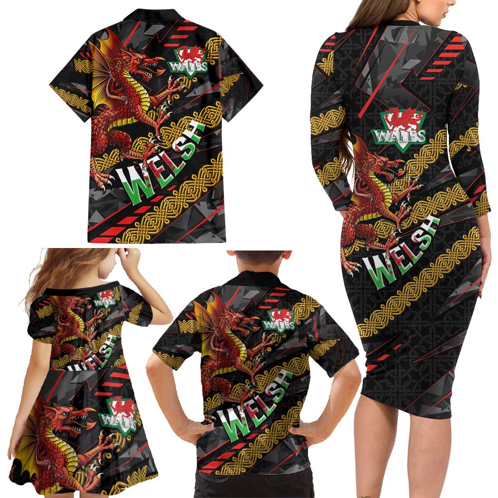 Welsh Celtic Family Matching Long Sleeve Bodycon Dress and Hawaiian Shirt Wales Y Ddraig Goch with Celtic Knot Sporty - Wonder Print Shop