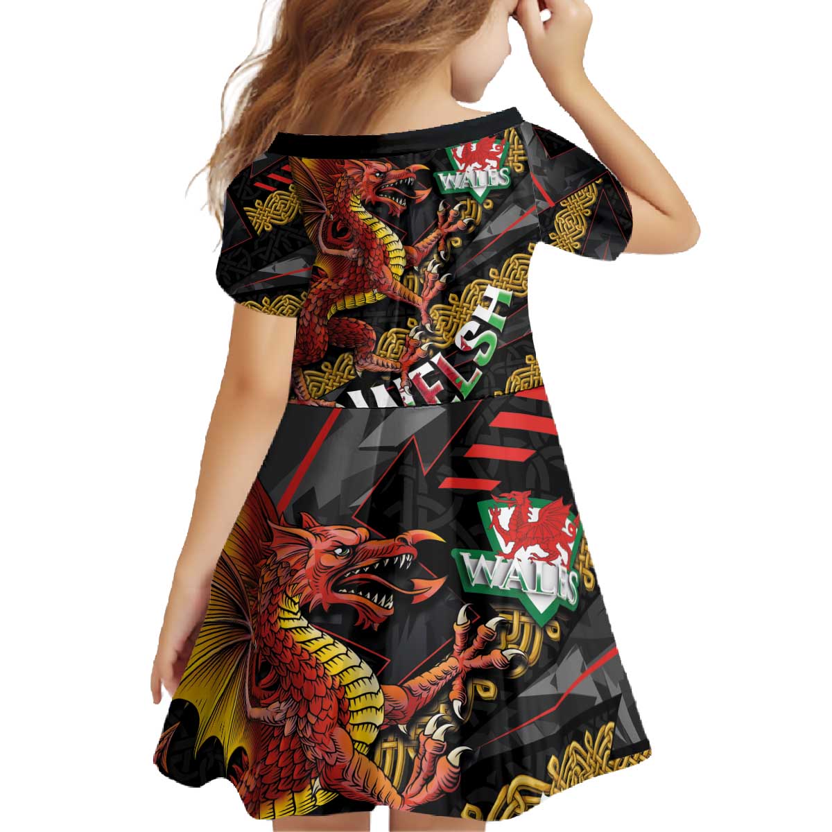 Welsh Celtic Family Matching Off The Shoulder Long Sleeve Dress and Hawaiian Shirt Wales Y Ddraig Goch with Celtic Knot Sporty - Wonder Print Shop