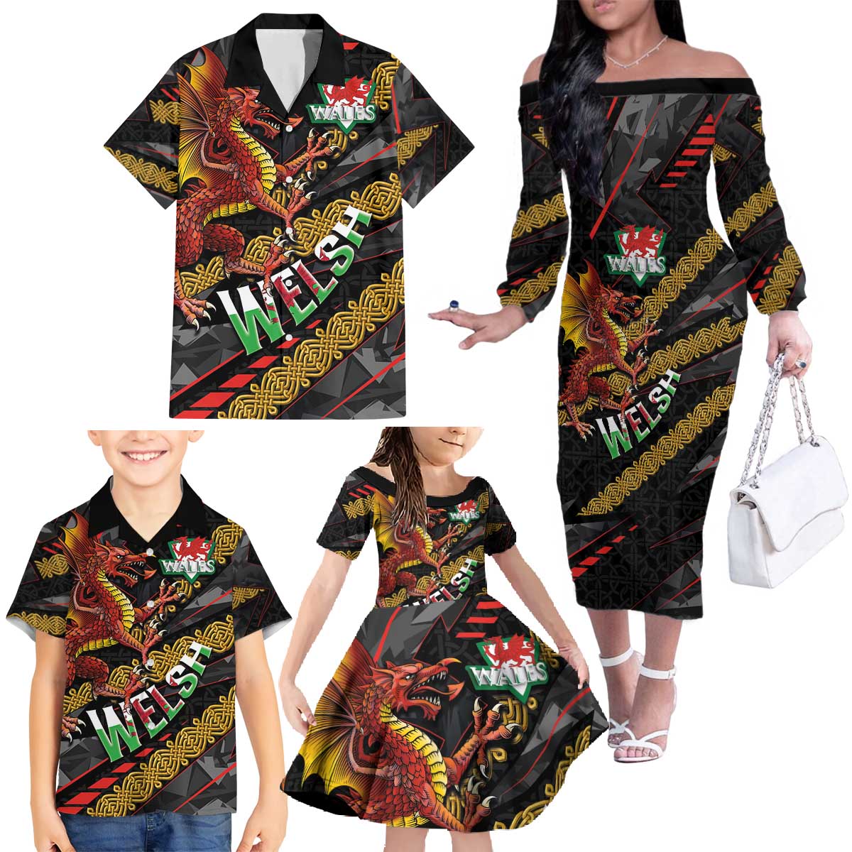 Welsh Celtic Family Matching Off The Shoulder Long Sleeve Dress and Hawaiian Shirt Wales Y Ddraig Goch with Celtic Knot Sporty - Wonder Print Shop